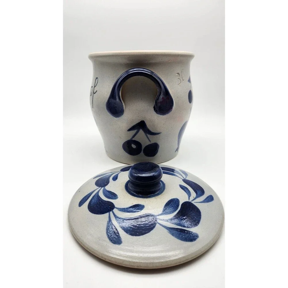 Lg Vintage Rumtopf Stoneware Salt Glazed Pottery Jar Crock & Lid 9” Cobalt Blue